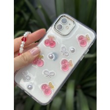 Paladyum Case iPhone 12 Uyumlu Kirazlı Simli Boncuklu Şeffaf Kılıf