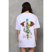 Tarz Yeri Unisex Bisiklet Yaka Baskılı Oversize T-Shirt - Beyaz