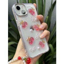 Paladyum Case iPhone 15 Plus Uyumlu Kirazlı Simli Boncuklu Şeffaf Kılıf