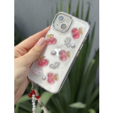 Paladyum Case iPhone 15 Plus Uyumlu Kirazlı Simli Boncuklu Şeffaf Kılıf