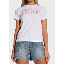 Versace Jeans Couture Yuvarlak Yaka Baskılı Beyaz Kadın T-Shirt 76HAHG03