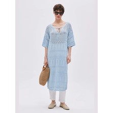 Sherin V Yaka Ajurlu Mavi Midi Kadın Elbise Mavi Ajurlu Oversize Triko Elbise