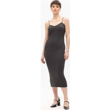 Sherin V Yaka Fitilli Antrasit Midi Kadın Elbise Antrasit Pamuklu Zincir Askılı Midi