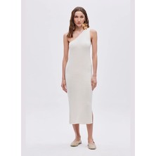 Sherin Tek Omuz Yaka Düz Kemik Midi Kadın Elbise Kemik Tek Omuz Triko Elbise