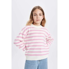 DeFacto Kız Çocuk Çizgili Standart Fit Bisiklet Yaka Triko Kazak