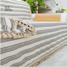 NDC Home Premium Keten Kahverengi Çizgili Bej Ponponlu   Koltuk Örtüsü (170 x 220)