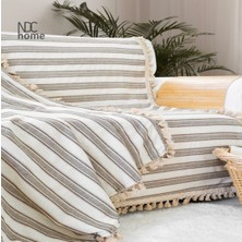 NDC Home Premium Keten Kahverengi Çizgili Bej Ponponlu   Koltuk Örtüsü (170 x 220)