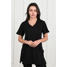 Koza Kadın V Yaka Yırtmaçlı  T-Shirt 8783-22