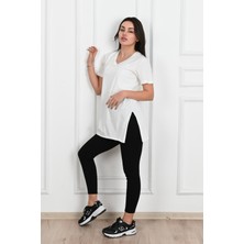 Koza Kadın V Yaka Yırtmaçlı  T-Shirt 8783-22