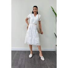 Giyimmasalı Fisto Kumaş Düğme Detaylı Mini Elbise - Beyaz