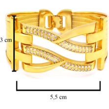 Hg.Aksesuar Kadın 22 Ayar Altın Kaplama Zirkon Taşlı 2 Sıra Kaburga Kelepçe