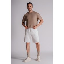 Erkek Yandan Cepli Beli Lastikli  Dokulu Kumaş Relaxed Fit Jogger Şort Ekru
