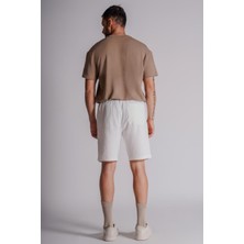Erkek Yandan Cepli Beli Lastikli  Dokulu Kumaş Relaxed Fit Jogger Şort Ekru
