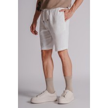 Erkek Yandan Cepli Beli Lastikli  Dokulu Kumaş Relaxed Fit Jogger Şort Ekru