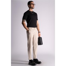 Braccas Beli Yarım Lastikli Slim Fit Chino Çizgili Crop Pantolon Bej Çizgili
