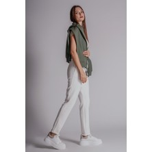 Kadın Yandan Cepli Beli Lastikli Duble Paça Kordonlu Slim Fit Jogger Pantolon Beyaz