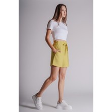 Kadın Yandan Takma Cepli Beli Lastikli Jogger Şort Lime
