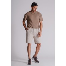 Braccas Erkek Yandan Cepli Beli Lastikli Keten Karışımlı Relaxed Fit Chino Şort Bej