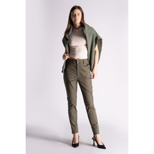 Kadın Yandan Cepli Pamuklu Chino Yüksek Bel Slim Fit Pantolon Haki