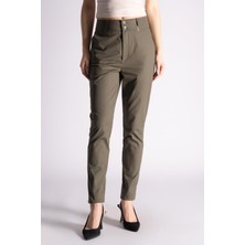 Kadın Yandan Cepli Pamuklu Chino Yüksek Bel Slim Fit Pantolon Haki