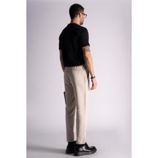 Braccas Beli Yarım Lastikli Slim Fit Chino Çizgili Crop Pantolon Bej Çizgili