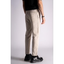 Braccas Beli Yarım Lastikli Slim Fit Chino Çizgili Crop Pantolon Bej Çizgili