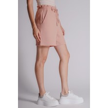 Kadın Yandan Cepli Beli Lastikli Jogger Şort Kum