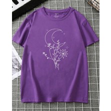 Amor Man Büyük Beden Özel Tasarım Moon Flowers Baskılı Ultra Rahat Modern Battal Kadın T-Shırt