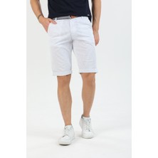 Wise Erkek Beyaz Çizgili Pamuklu Kemer Hediyeli Yandan Cepli Relaxed Fit Kapri Şort