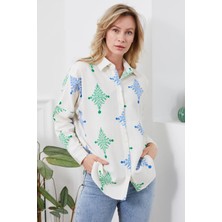 Go Veform Desenli Keten Kadın Gömlek Yeşil ZN5016