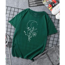 Amor Man  Büyük Beden Özel Tasarım Moon Flower Baskılı Süper Oversize Modern Kadın Battal T-Shırt