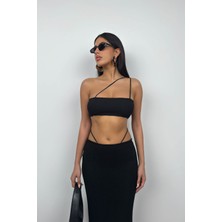 Black Fashion Askı Detay Straplez Dokulu Crop