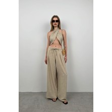 Black Fashion Çapraz Bağlamalı Keten Crop