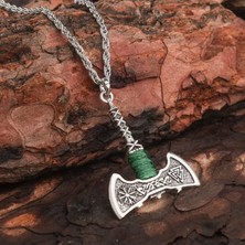 İdol Avm Viking Gri Çift Taraflı Balta Yeşil Ipli Erkek Kolye Çelik