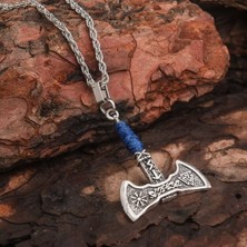 İdol Avm Viking Gri Çift Taraflı Balta Lacivert Ipli Erkek Kolye Çelik