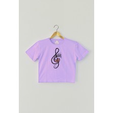 So Cool Lila Crop T-Shirt Müzik Nota Sol Anahtarı Music Mor Renk Kadın Tişört Baby Tee
