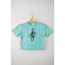 So Cool Mint Yeşil Renk Crop T-Shirt Müzik Nota Sol Anahtarı Music Baskılı Kadın Tişört Baby Tee
