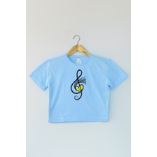 So Cool Light Blue Crop T-Shirt Müzik Nota Sol Anahtarı Music Mavi Renk Kadın Tişört Baby Tee