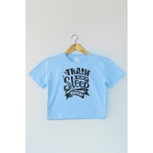 So Cool Light Blue Crop T-Shirt Eat Sleep Train Repeat Mavi Renk Kadın Tişört Baby Tee