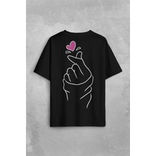 Kendim Seçtim Seni Seviyorum Kore El Işareti Minimal Sırt Ön Baskılı Oversize Tişört Unisex T-Shirt