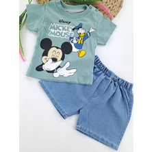 Bonboner Kids Erkek Bebek Ikili Takım Kot Şort Tişort Mickey Mouse Baskılı Su Yeşili