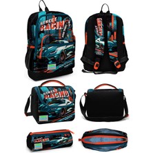 Coral High Siyah Nefti Yarış Arabası Desenli Dört Bölmeli Okul Sırt Çantası Beslenme Çantası Kalem ÇANTASI23765