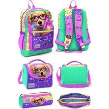 Coral High Sarı Pembe Sevimli Köpek Desenli Dört Bölmeli Okul Sırt Çantası Beslenme Çantası Kalem Çantası 23752