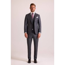 Ysf Erkek Gri Slim Fit Sivri Yaka Yelekli Takım Elbise