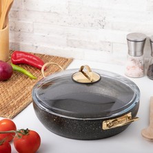 Evren 22 cm Gold Stone Güveç Basık Tencere. Non-Stick Pilav Karnıyarık Tenceresi 2 Lt (Gold Çelik Kulp)