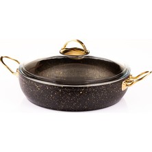 Evren 22 cm Gold Stone Güveç Basık Tencere. Non-Stick Pilav Karnıyarık Tenceresi 2 Lt (Gold Çelik Kulp)