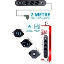 The Wlue Çoklu 3'lü Priz Akım Korumalı 3xusb 10A 2500 Watt 2 Metre Uzatma Kablosu Anahtarlı Çocuk Korumalı