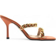 Melen Shoes Snazzy Turuncu Kadın Yazlık Zincir Detaylı Şık Zarif Topuklu Terlik