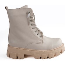 Melen Shoes Glint Bej Rahat Kadın Bağcıklı Bot