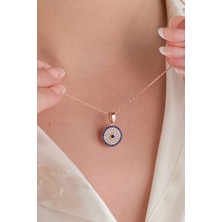 TMT Silver 12 mm Gümüş Rose Kaplama Nazar Boncuklu Boncuğu Zirkon Taşlı Mavi Göz Kolye